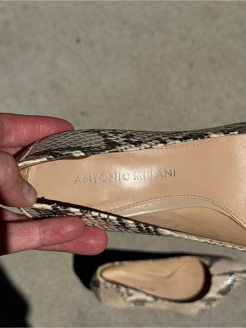 ANTONIO MELANI Beige and Black Leather Snakeskin Round Toe Pumps 6
